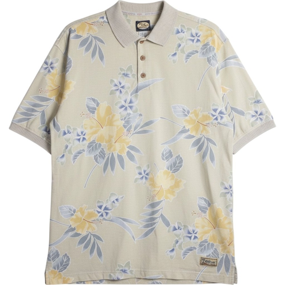 Tommy Bahama Floral Polo Shirt Mens Medium Tan Blue Tropical Hibiscus Cotton